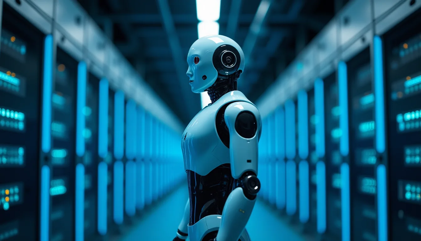 Humanoid robot standing among rows of illuminated server racks in a data center.